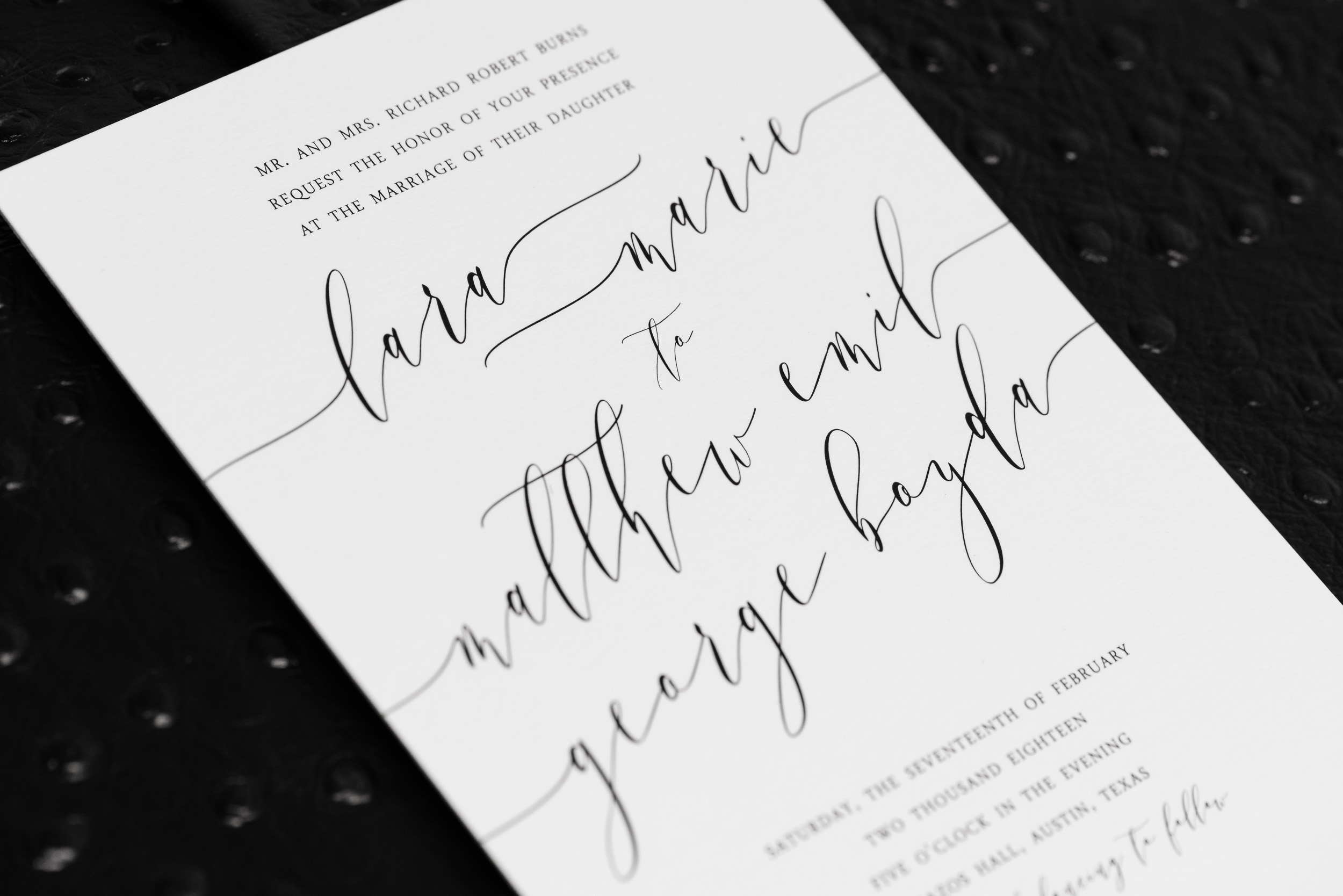 Austin-wedding-photographers-brazos-hall-downtown-invitation-black-white-script-modern-elegant