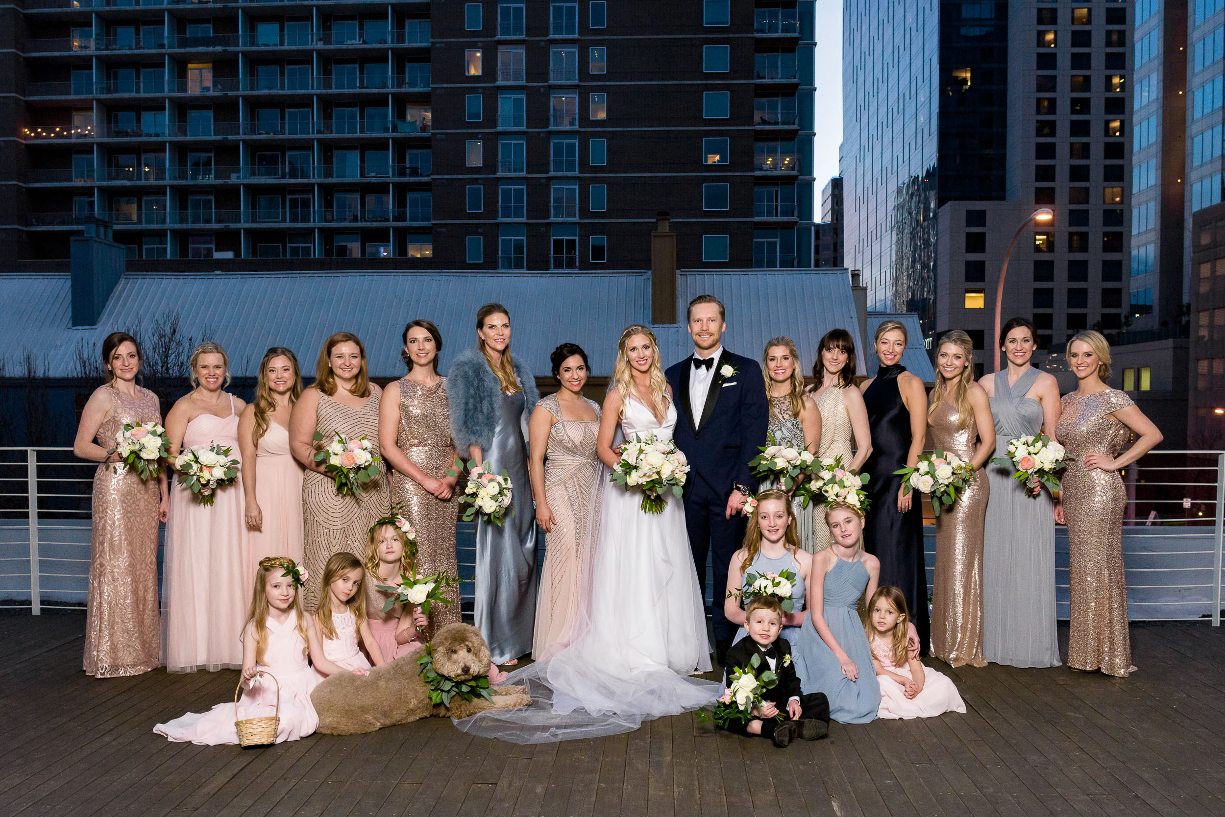 bridal-party-portrait-elegant-outdoor-rooftop-deckAustin-wedding-photographers-brazos-hall-downtown-