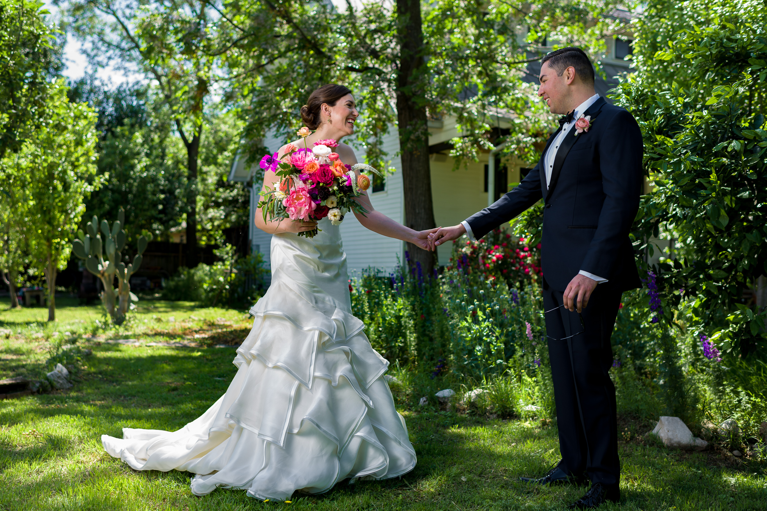 first-look-bride-groom-outdoor-farm-east-eden-tiered-dress